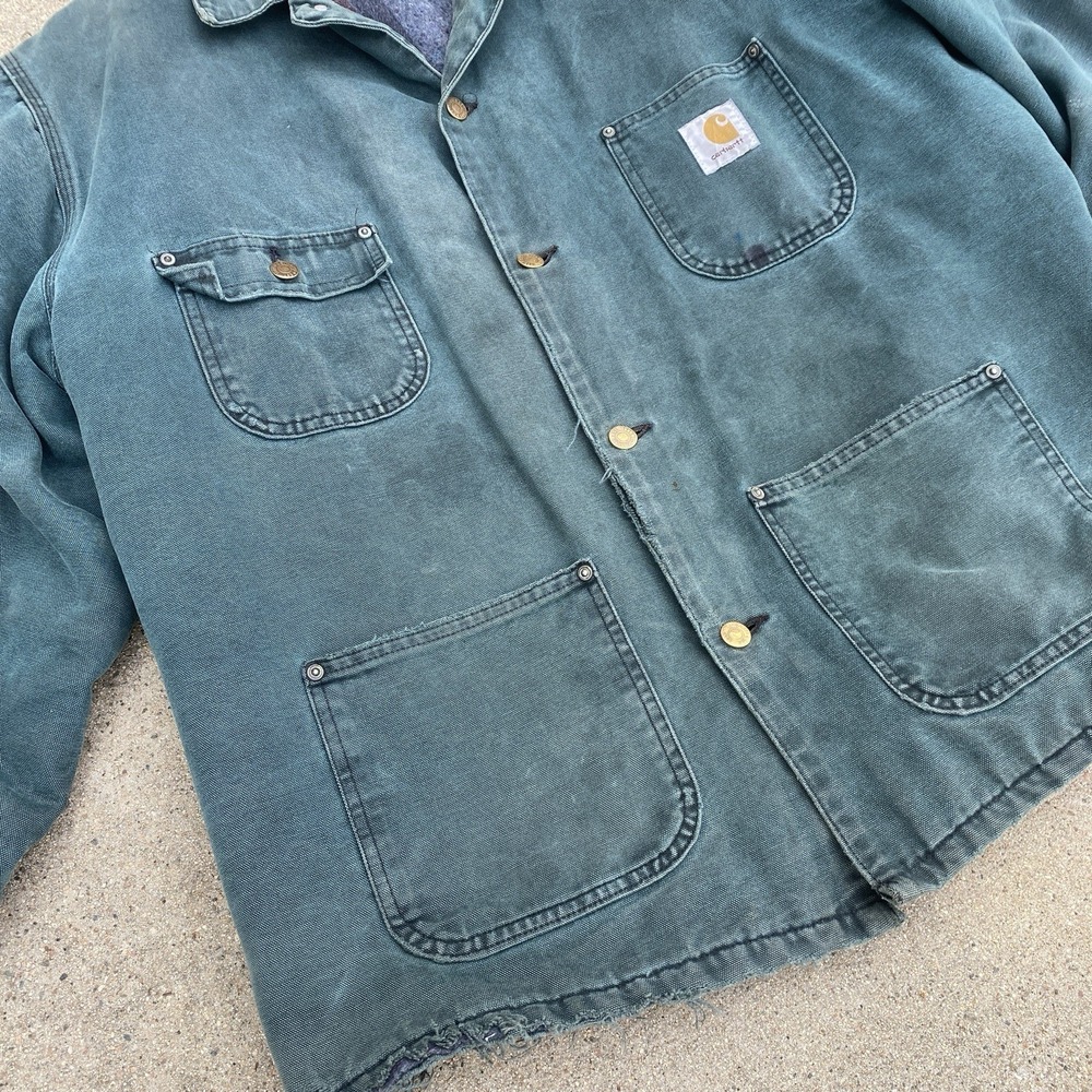 Vintage 80s 90s Carhartt Barn Jacket Coat L/XL Distressed Teal Green Made In USA - Picture 3 of 11